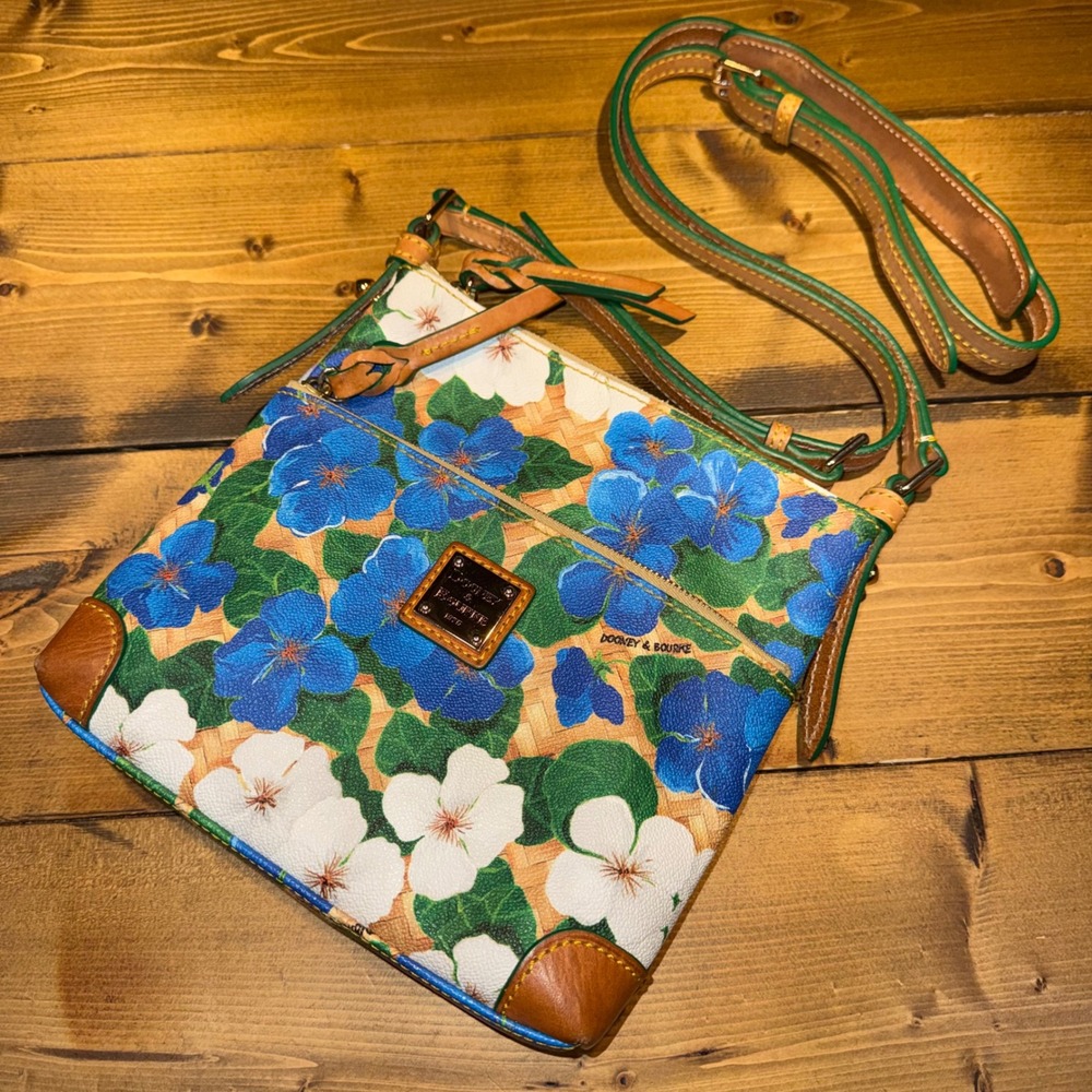 Dooney & Bourke Hydrangea Basketweave Small‎ Zip Crossbody Bag Floral Leather
